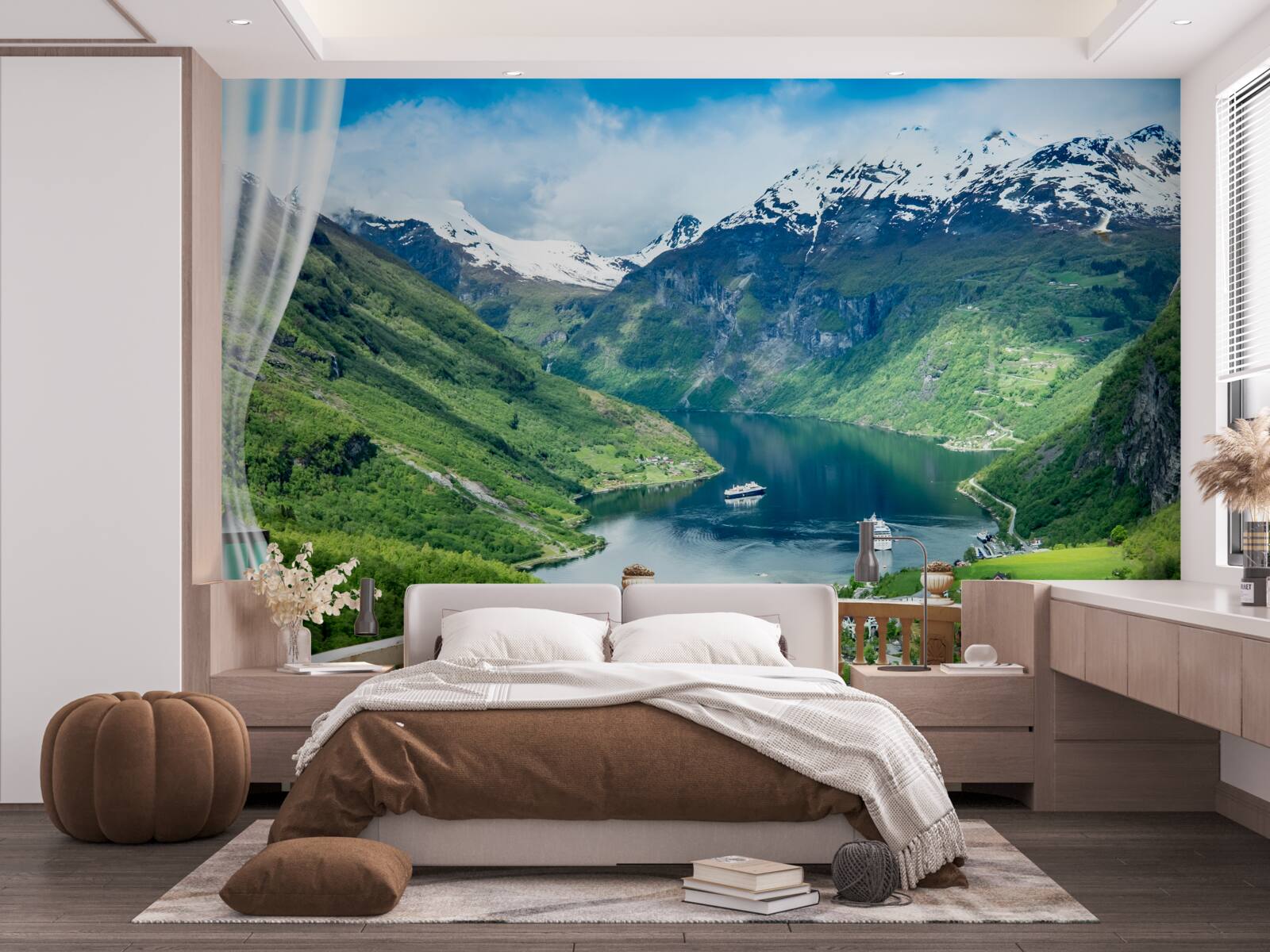 Fototapet terasă înconjurată de munți cu un lac