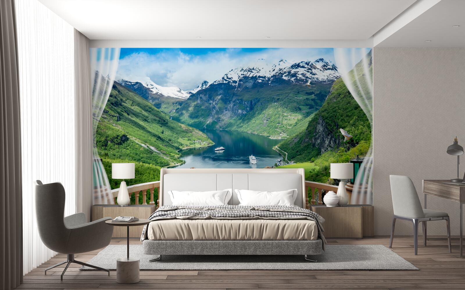 Fototapet terasă înconjurată de munți cu un lac