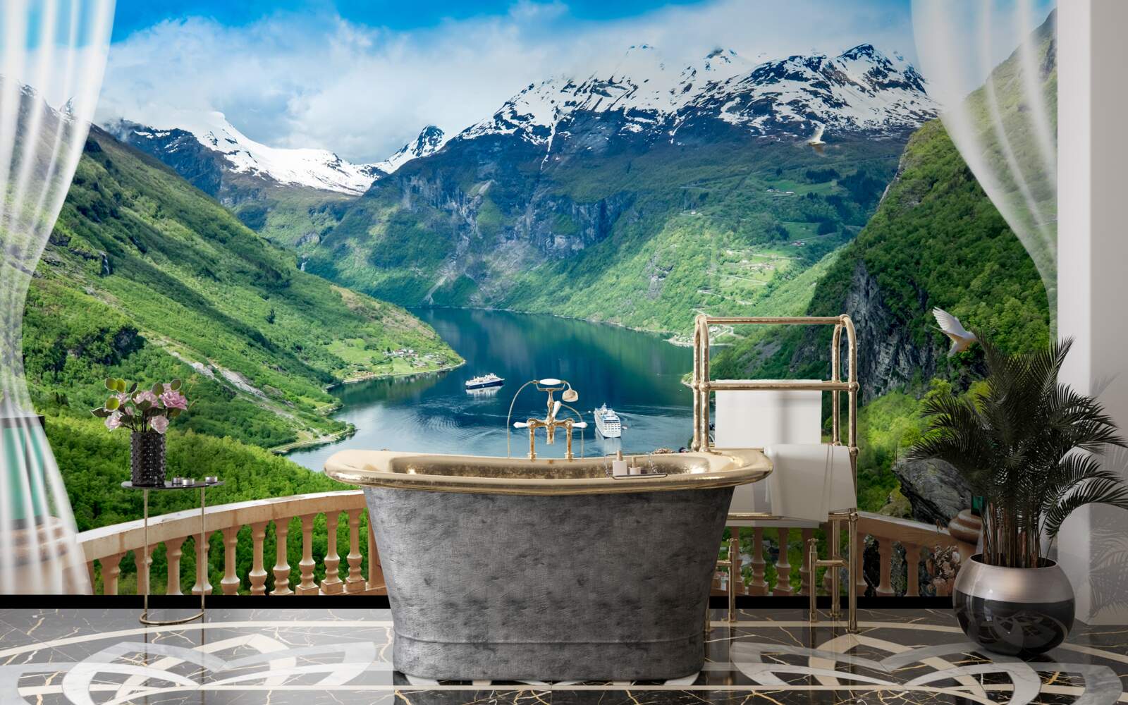 Fototapet terasă înconjurată de munți cu un lac