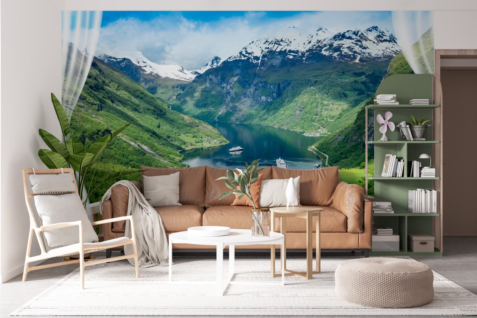 Fototapet terasă înconjurată de munți cu un lac