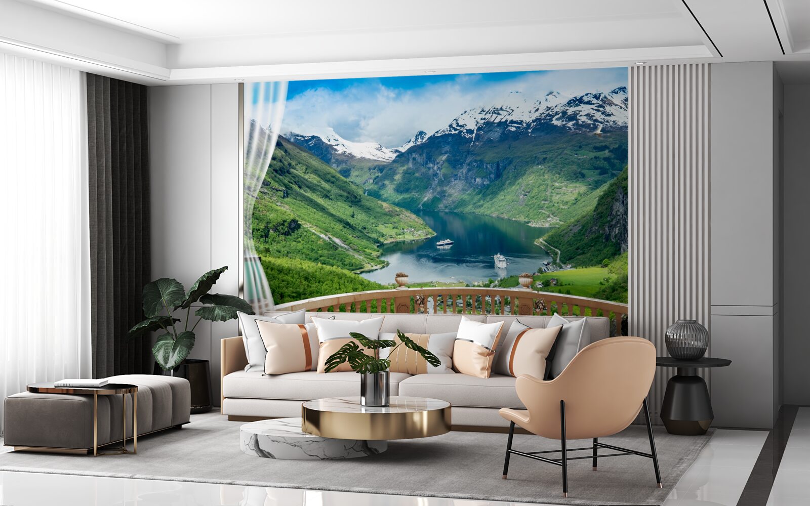 Fototapet terasă înconjurată de munți cu un lac