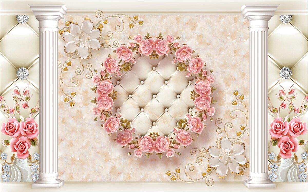 Fototapet pe perete atârnă o coroană de trandafiri roz