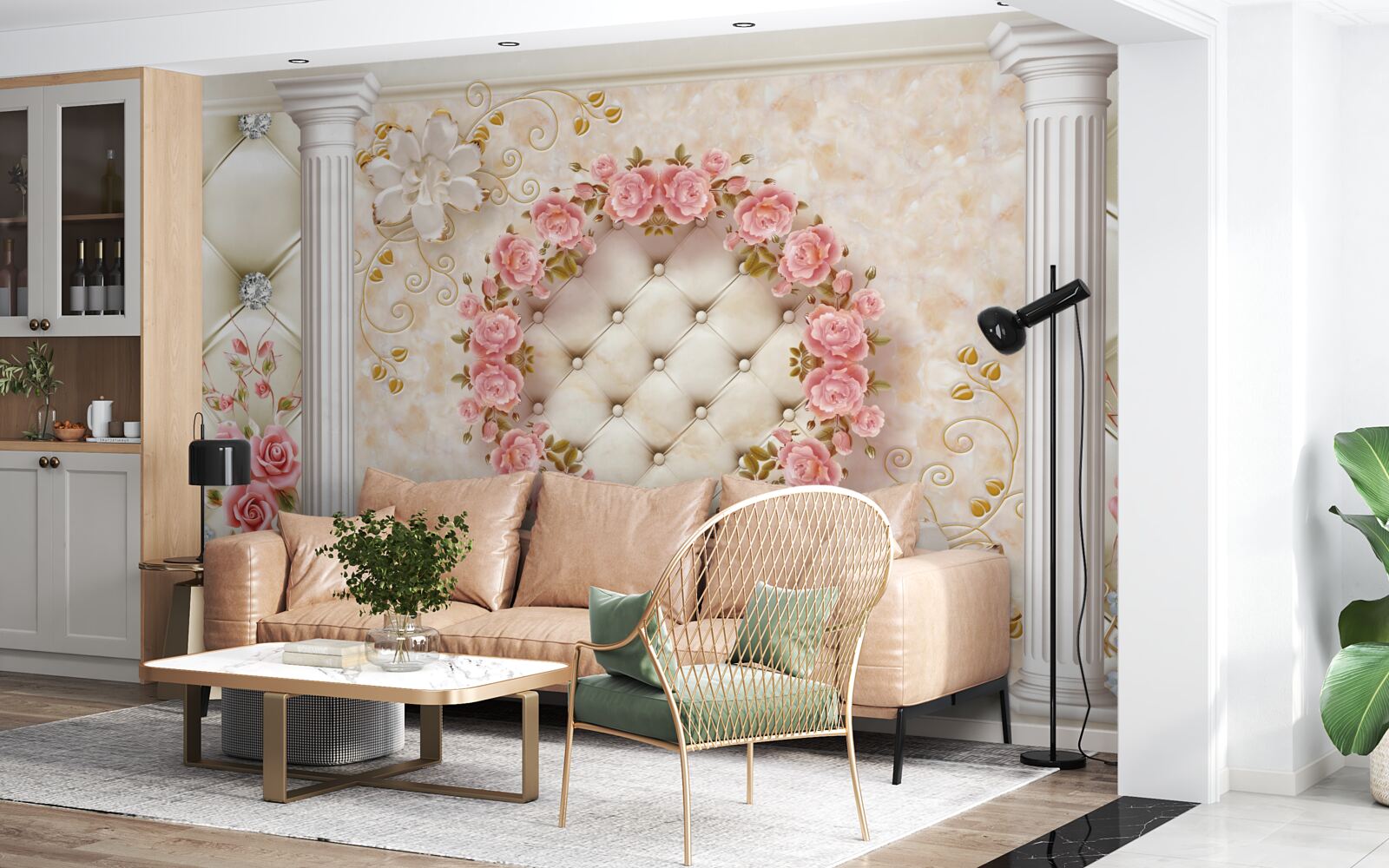 Fototapet pe perete atârnă o coroană de trandafiri roz