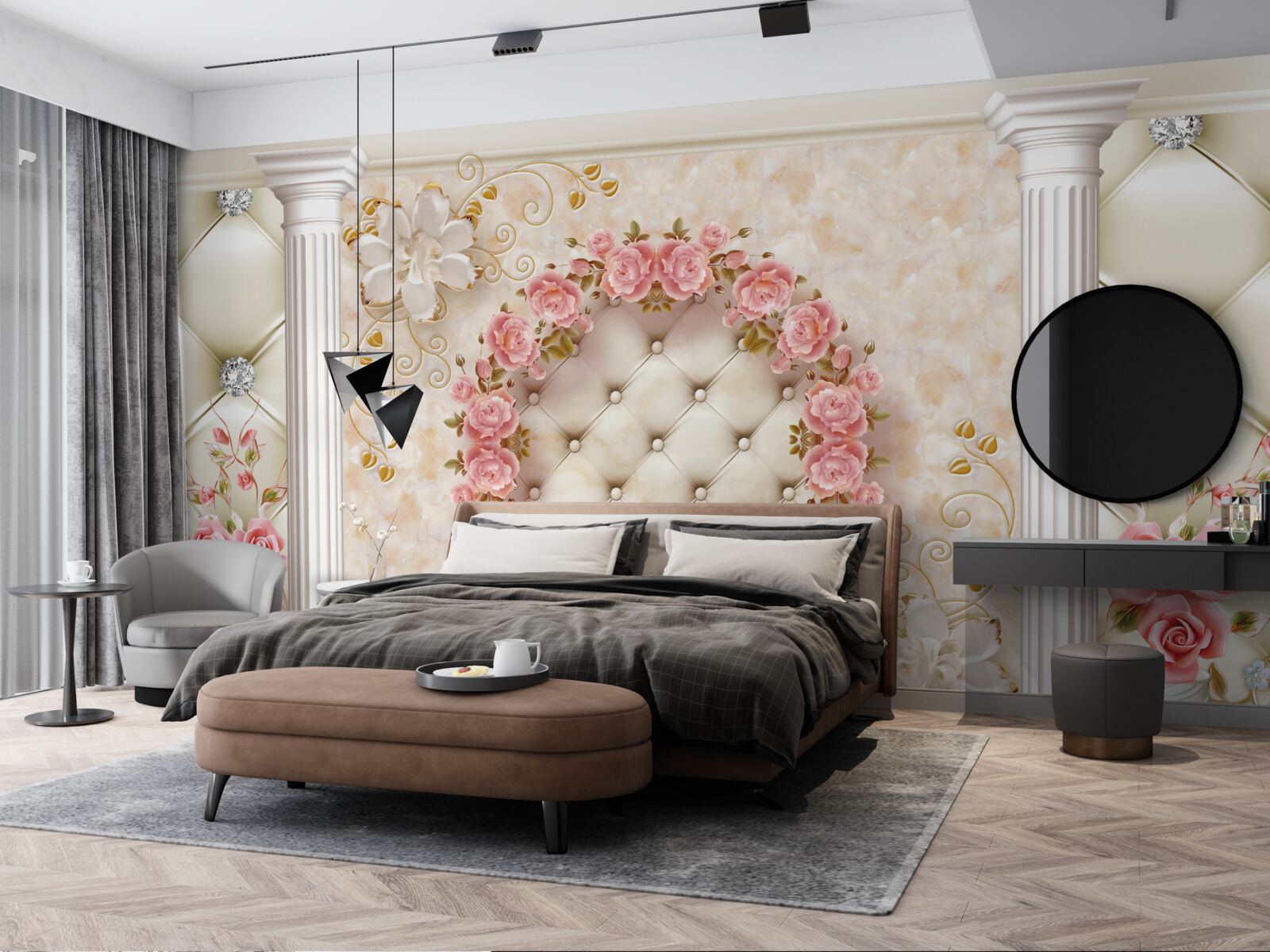 Fototapet pe perete atârnă o coroană de trandafiri roz