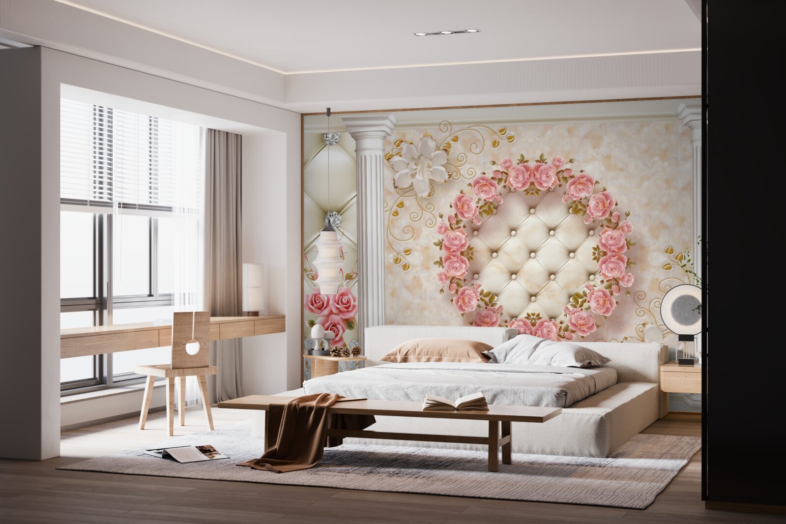 Fototapet pe perete atârnă o coroană de trandafiri roz