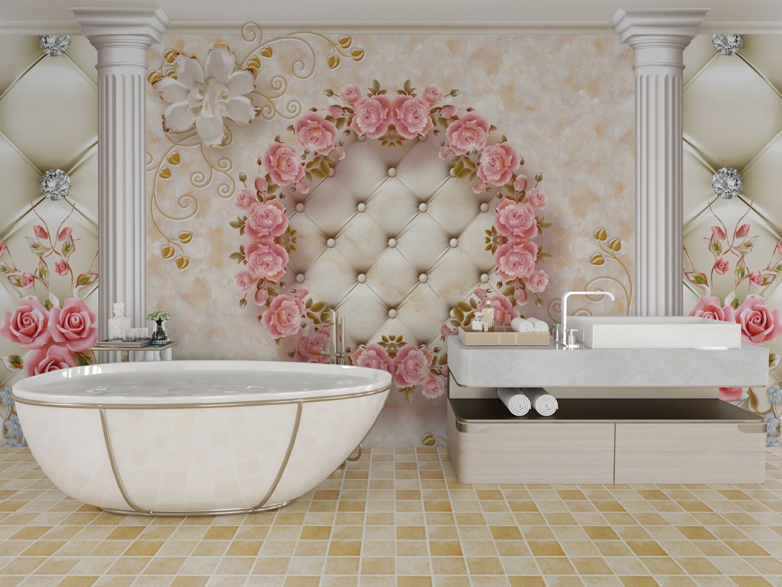 Fototapet pe perete atârnă o coroană de trandafiri roz