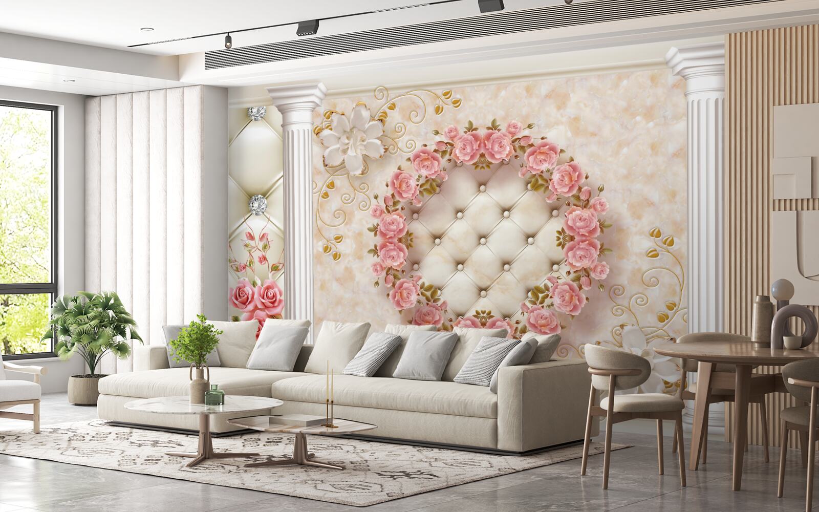 Fototapet pe perete atârnă o coroană de trandafiri roz