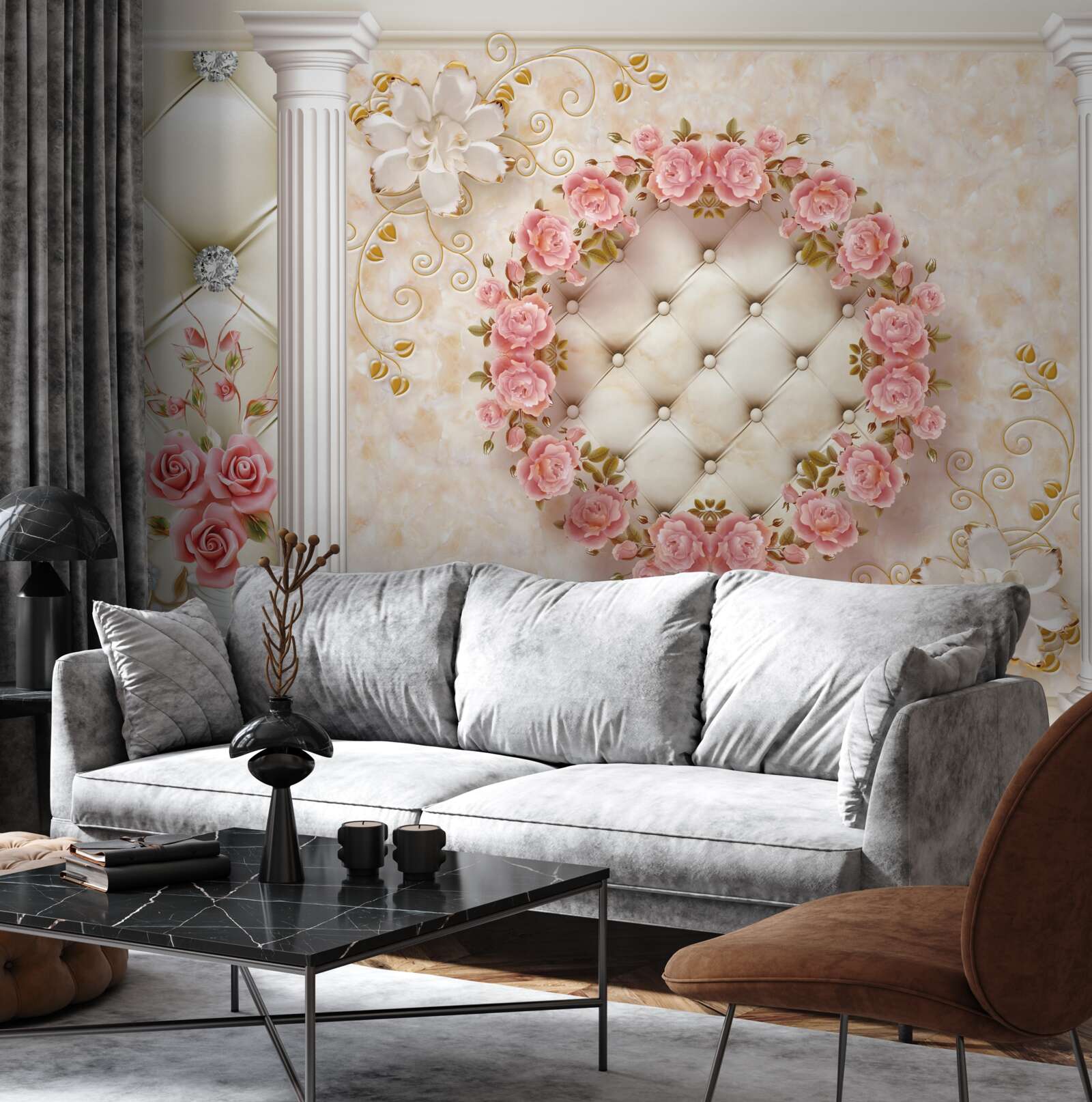 Fototapet pe perete atârnă o coroană de trandafiri roz