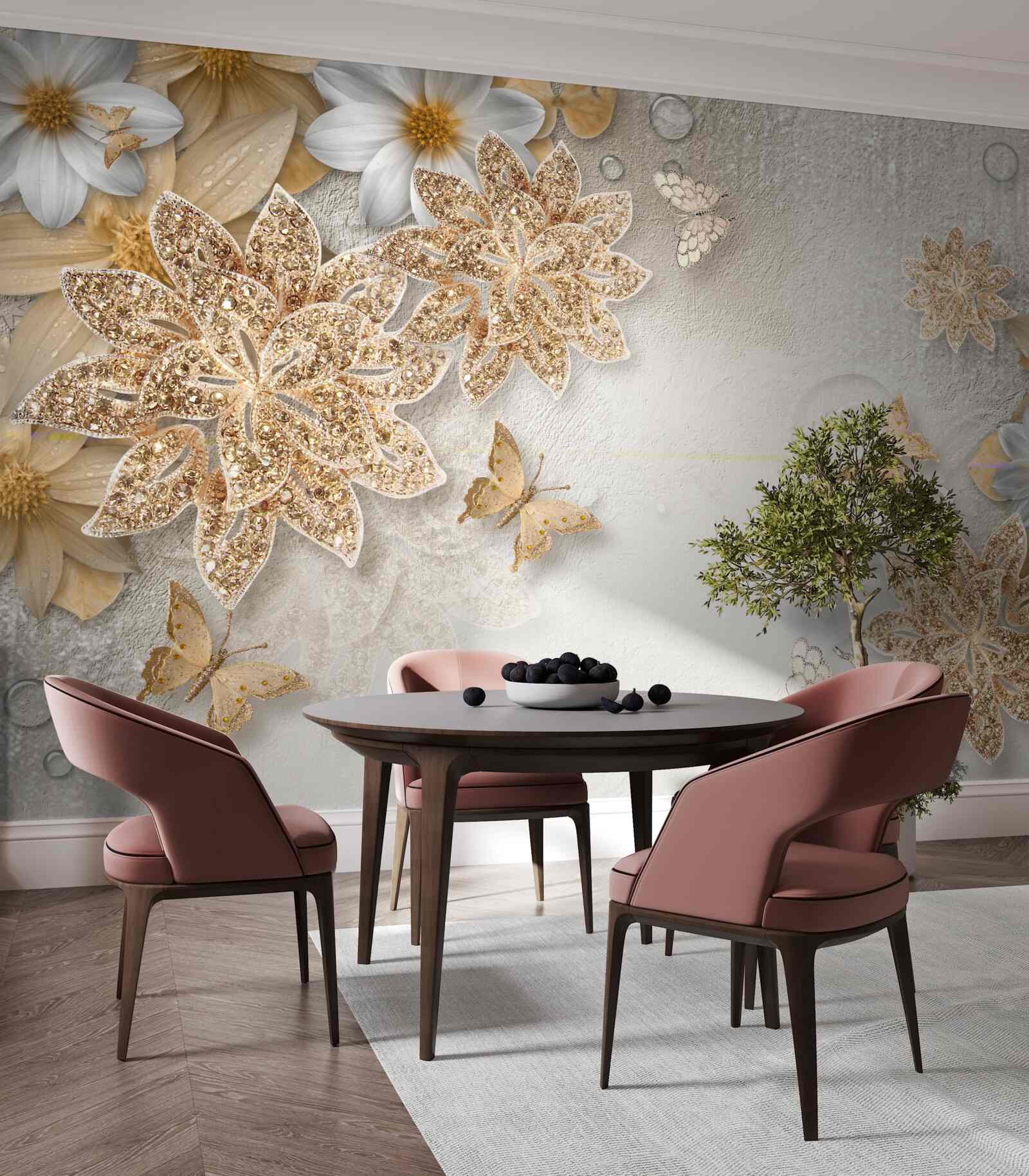 Fototapet flori în nuanțe de alb și maro cu fluturi zburători