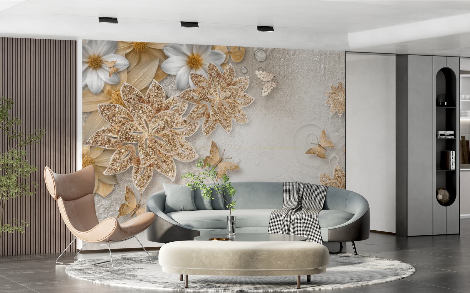 Fototapet flori în nuanțe de alb și maro cu fluturi zburători