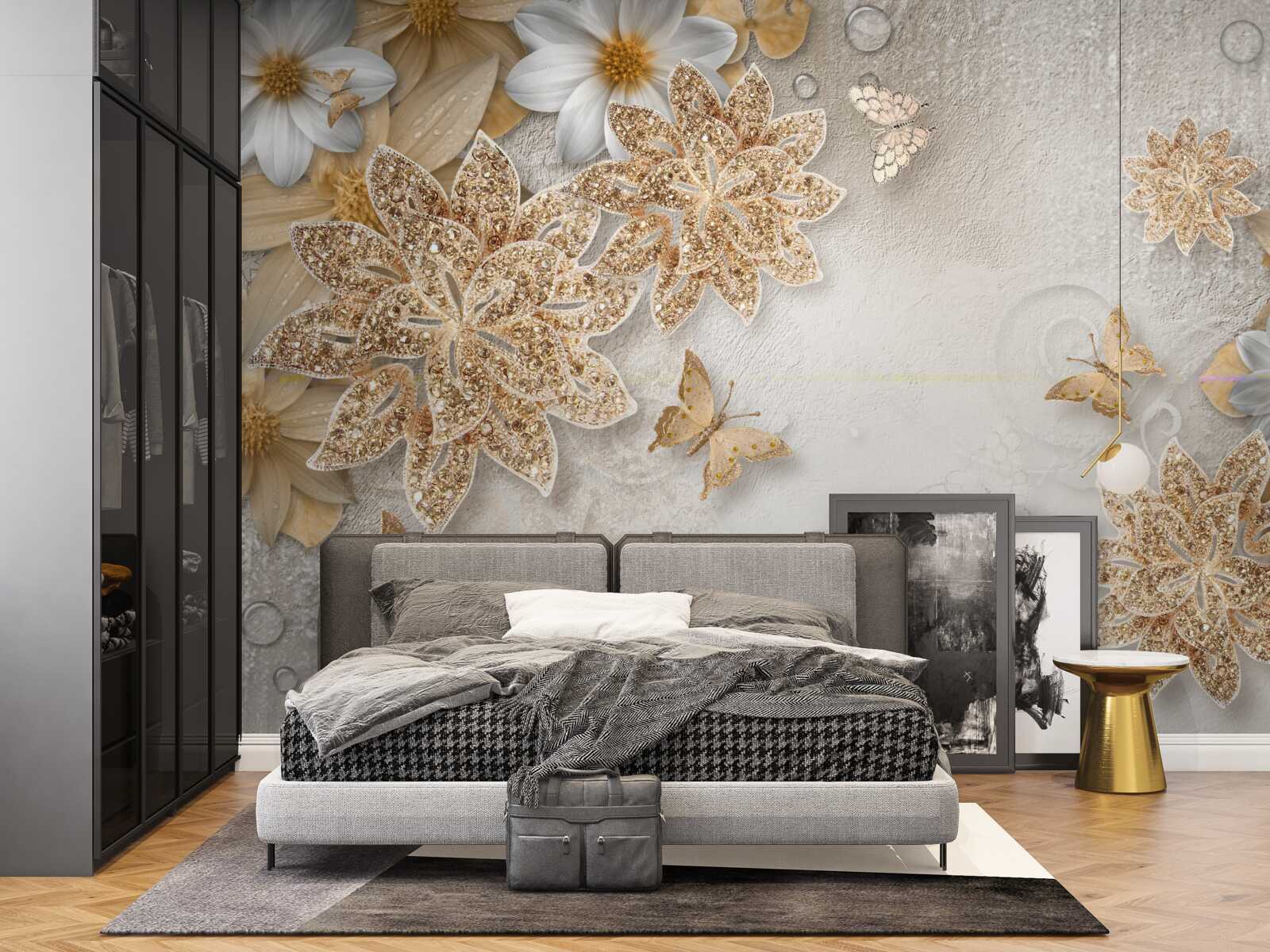 Fototapet flori în nuanțe de alb și maro cu fluturi zburători