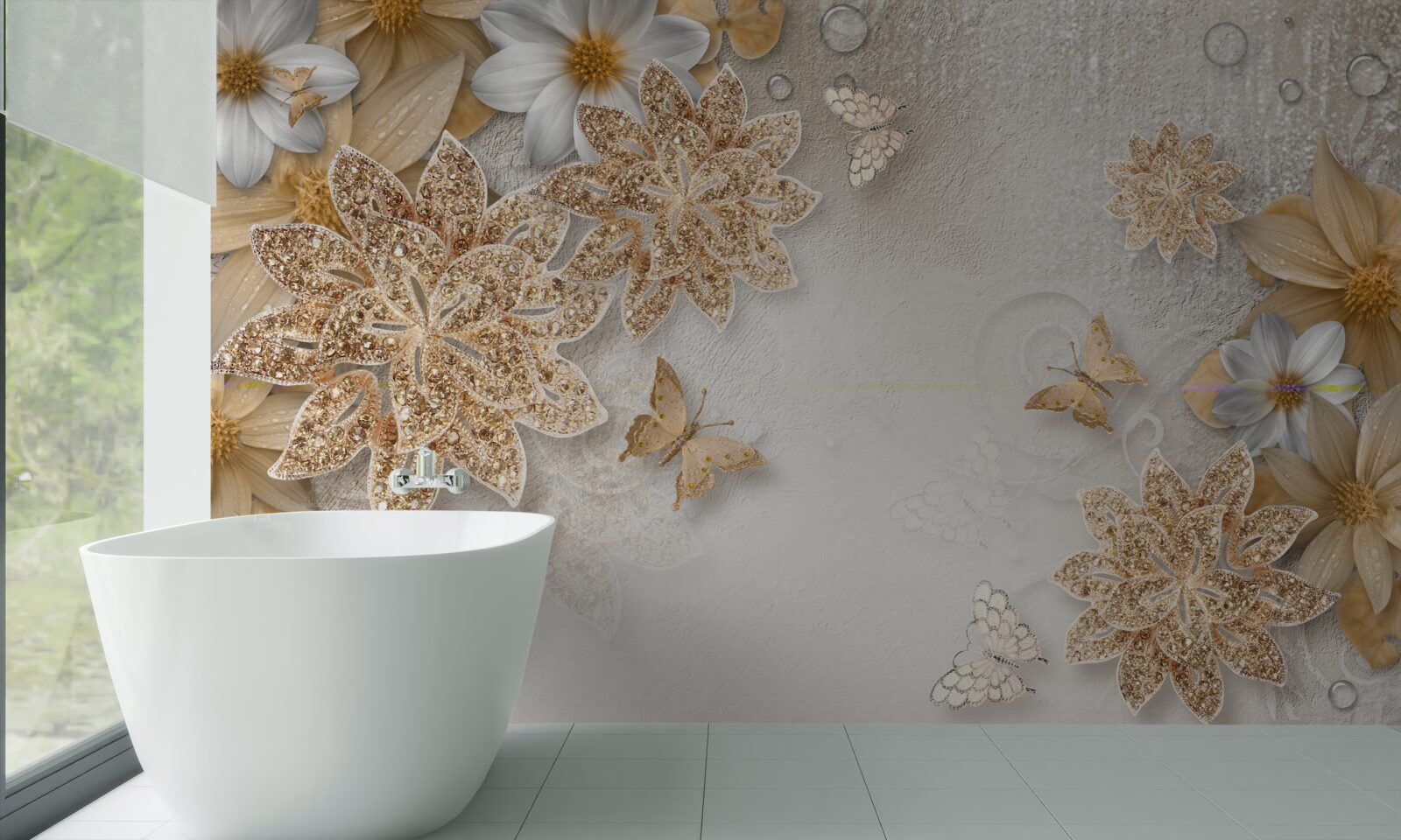 Fototapet flori în nuanțe de alb și maro cu fluturi zburători