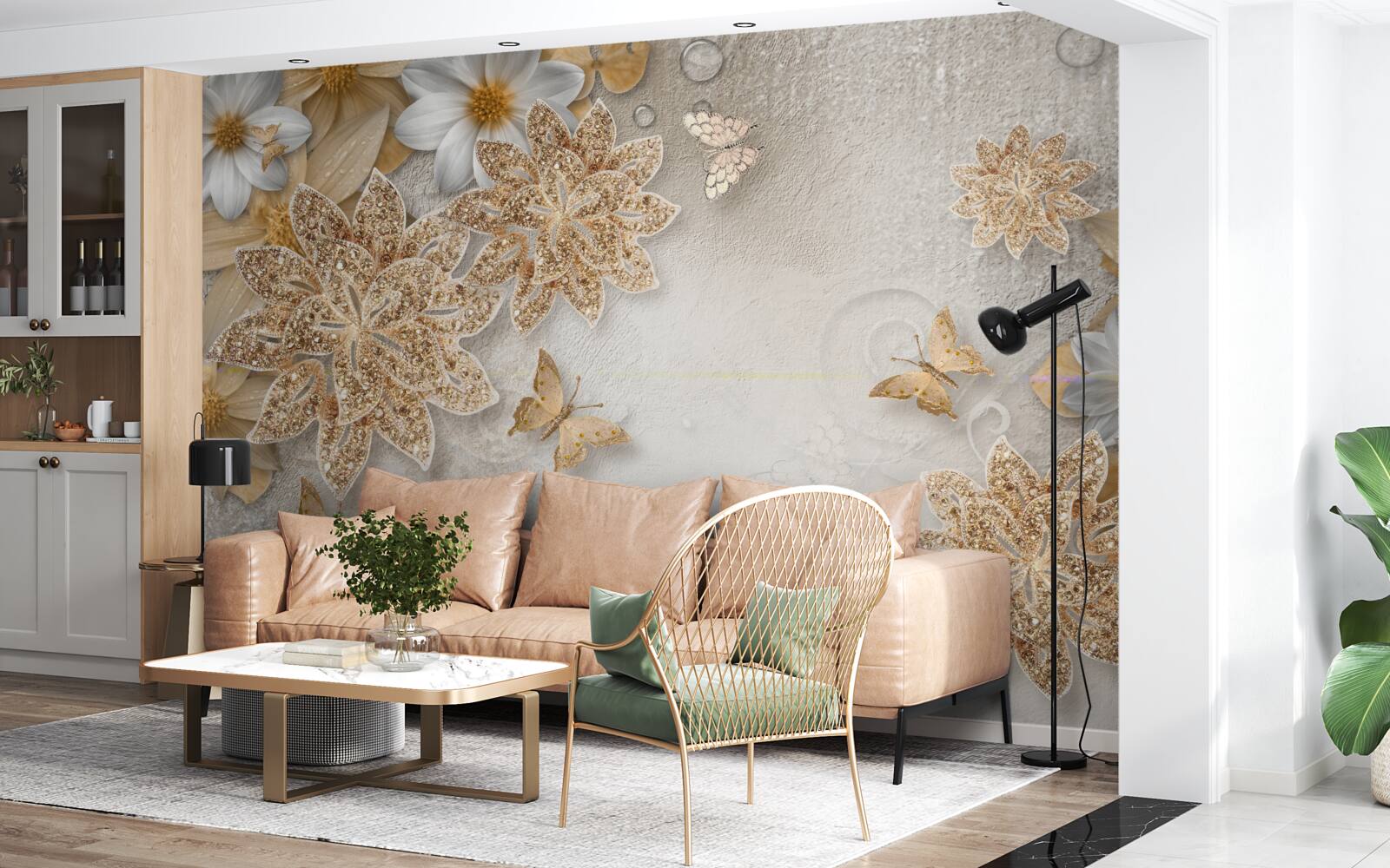 Fototapet flori în nuanțe de alb și maro cu fluturi zburători