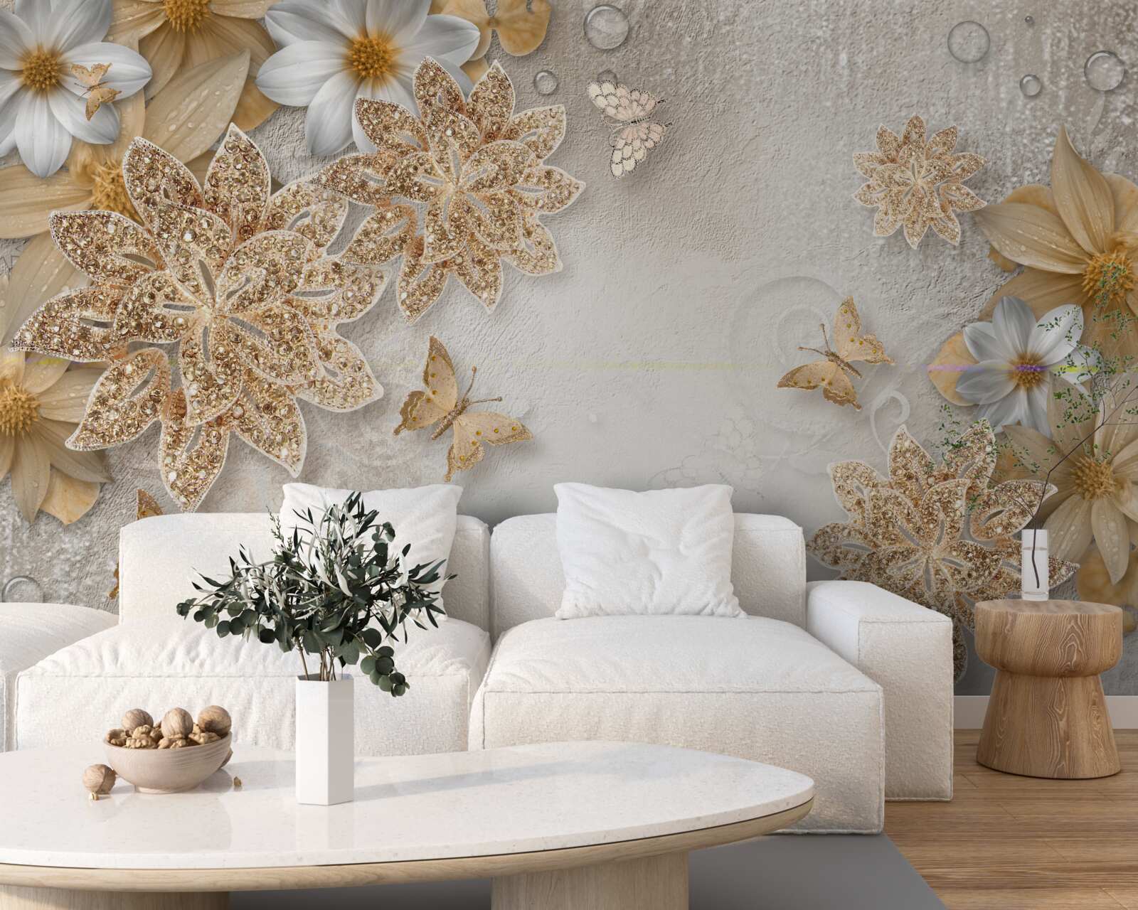 Fototapet flori în nuanțe de alb și maro cu fluturi zburători