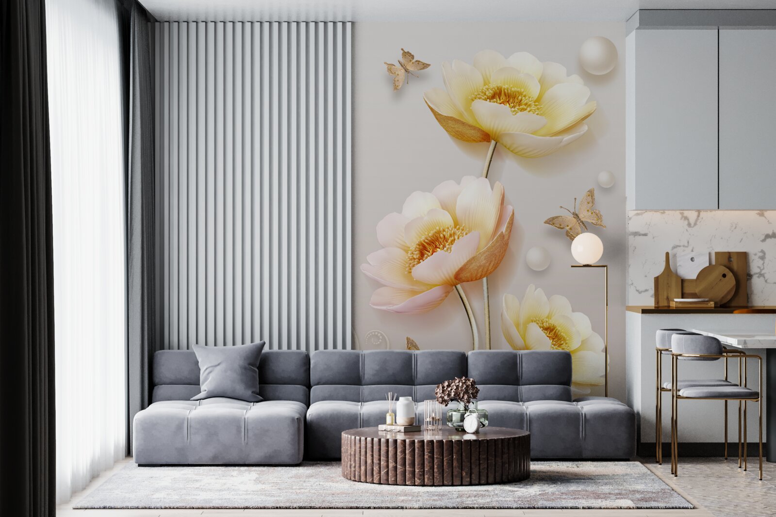 Fototapet fluturi, perle și muguri