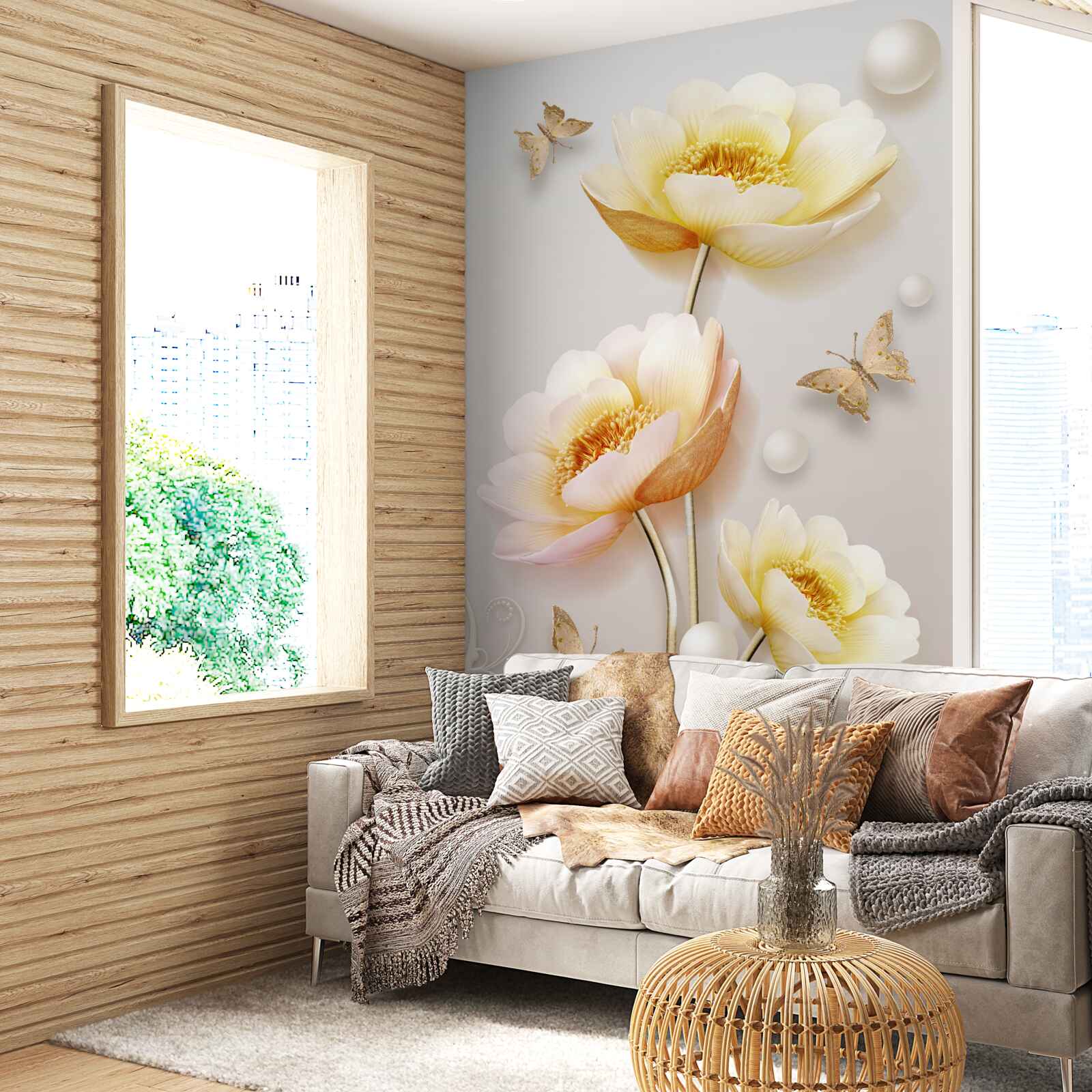 Fototapet fluturi, perle și muguri