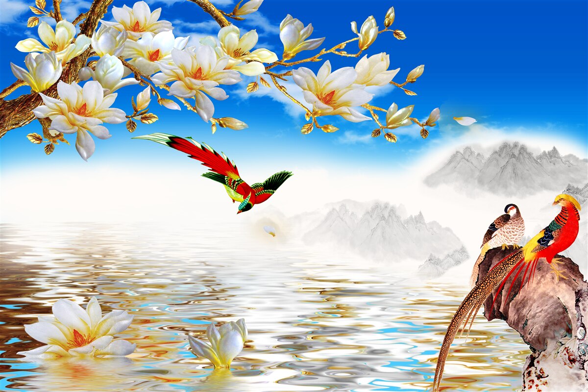 Fototapet păsări frumoase lângă iaz