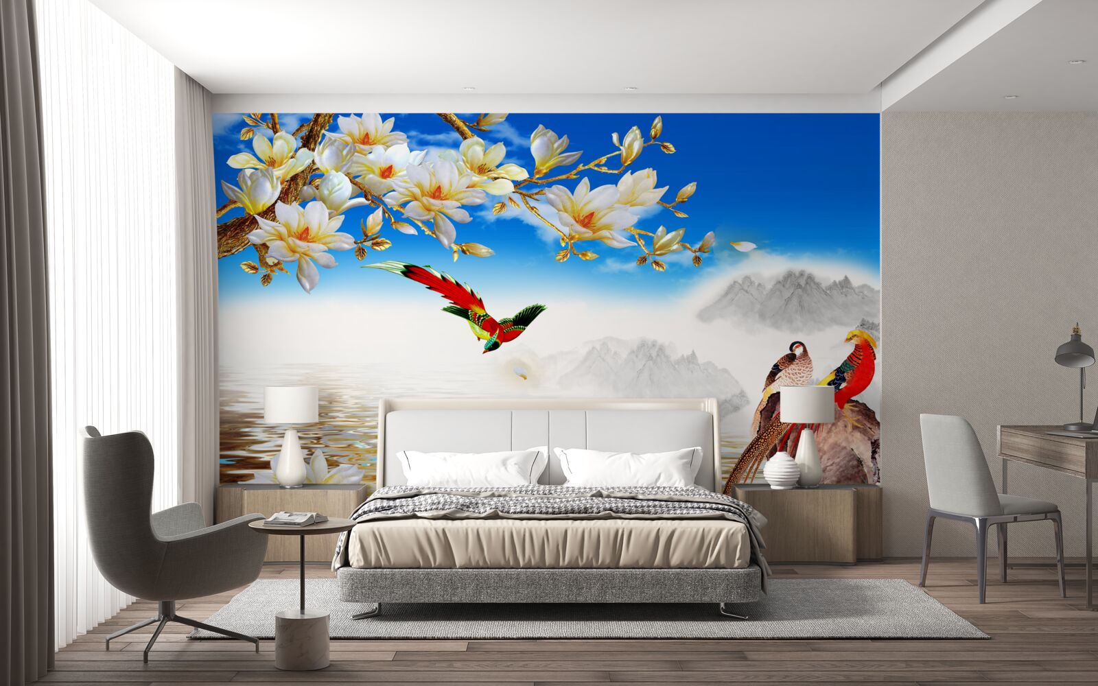 Fototapet păsări frumoase lângă iaz