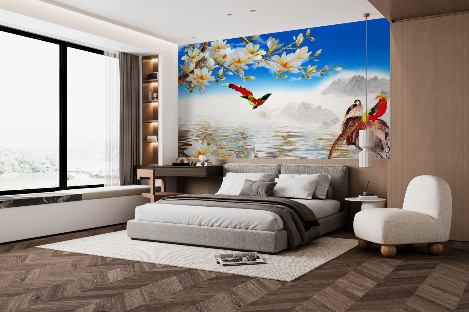 Fototapet păsări frumoase lângă iaz