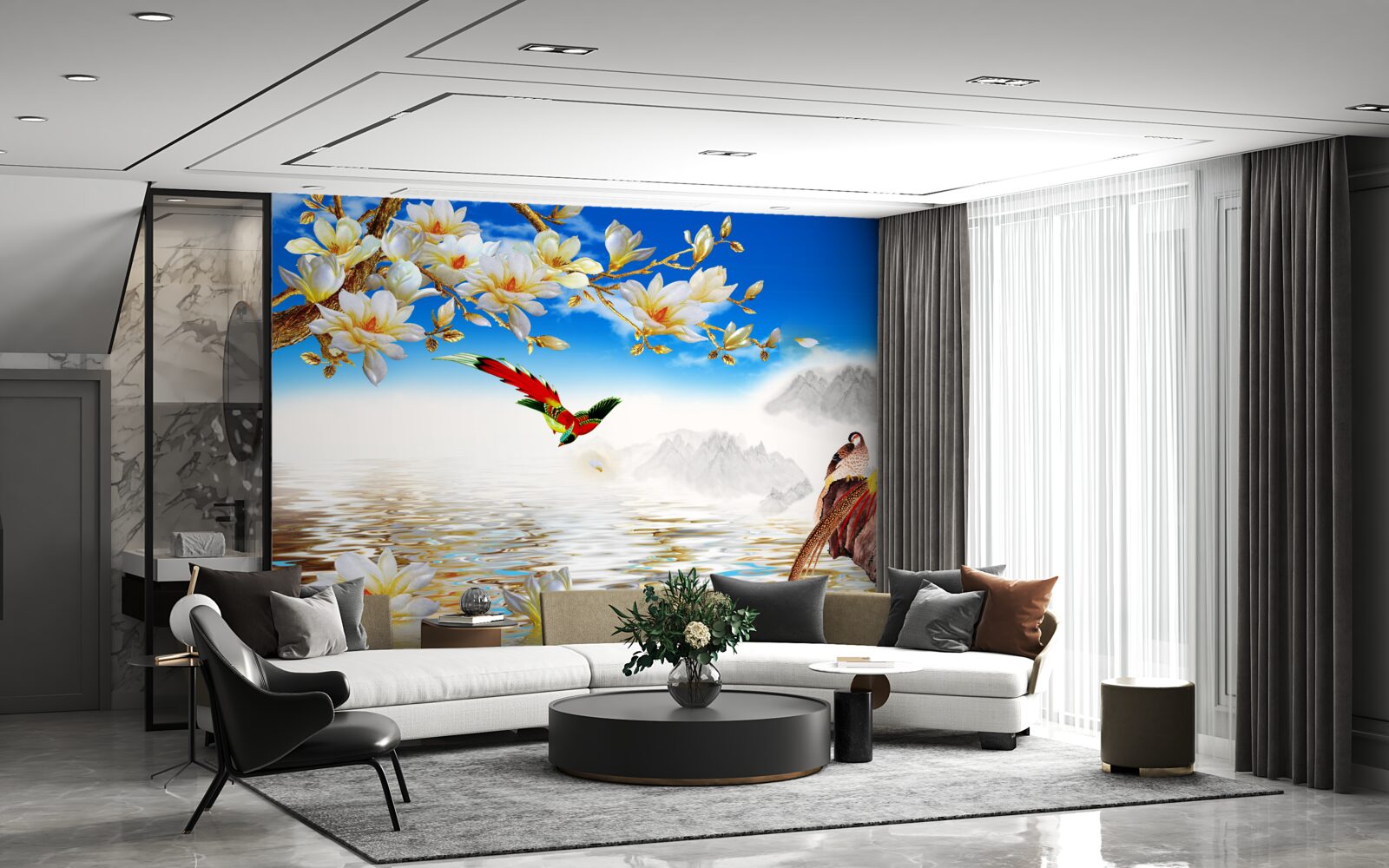 Fototapet păsări frumoase lângă iaz