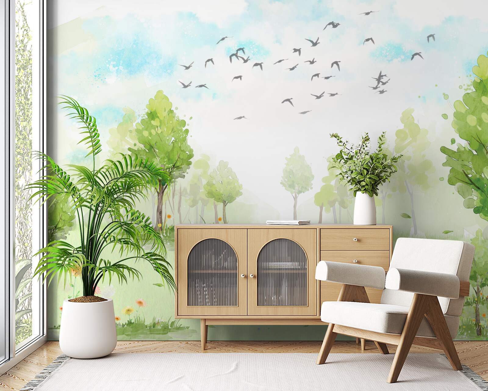 Fototapet zborul păsărilor printre copaci