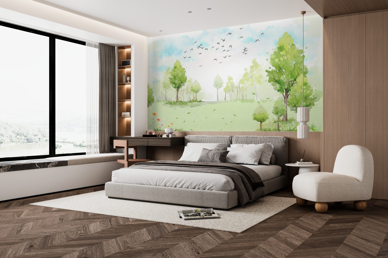 Fototapet zborul păsărilor printre copaci