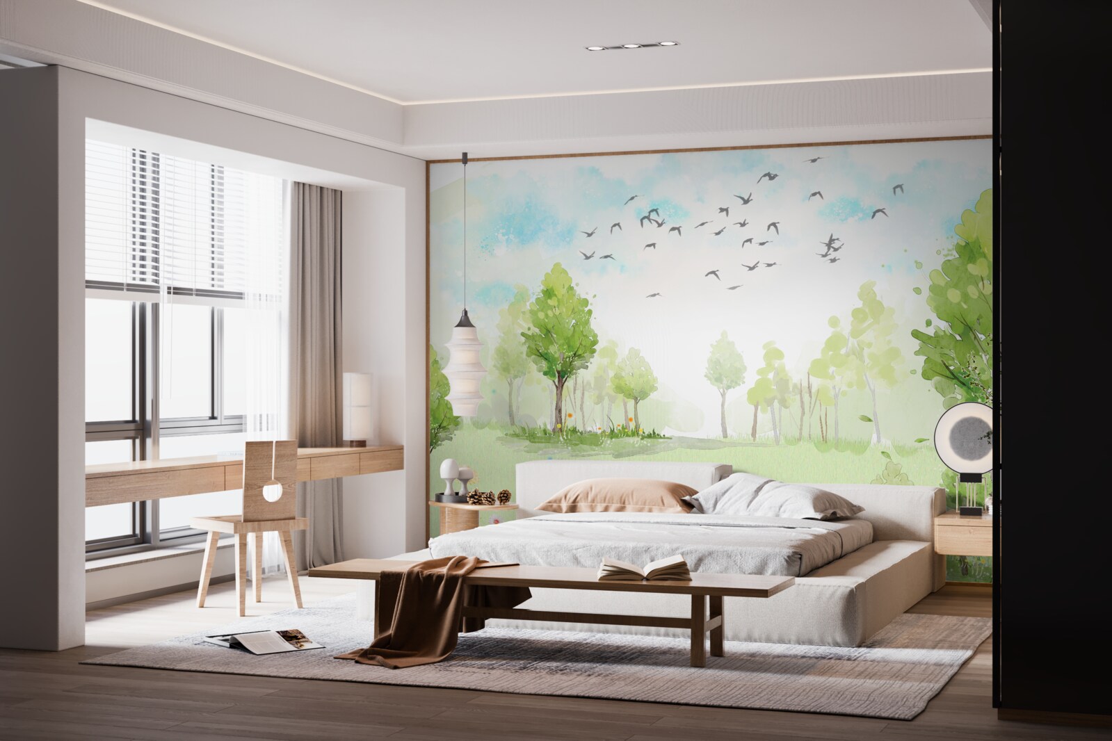 Fototapet zborul păsărilor printre copaci