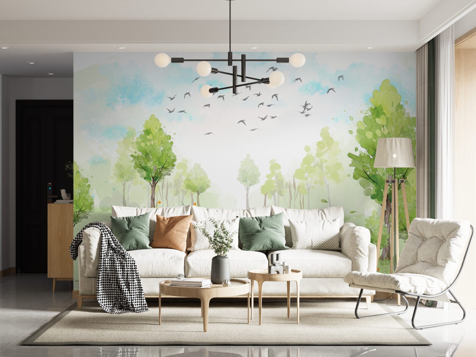 Fototapet zborul păsărilor printre copaci