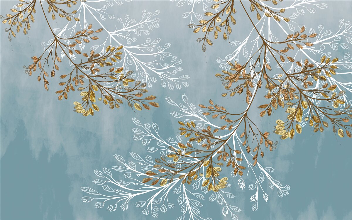 Fototapet iarna, ramurile sunt presărate cu franjuri aurii