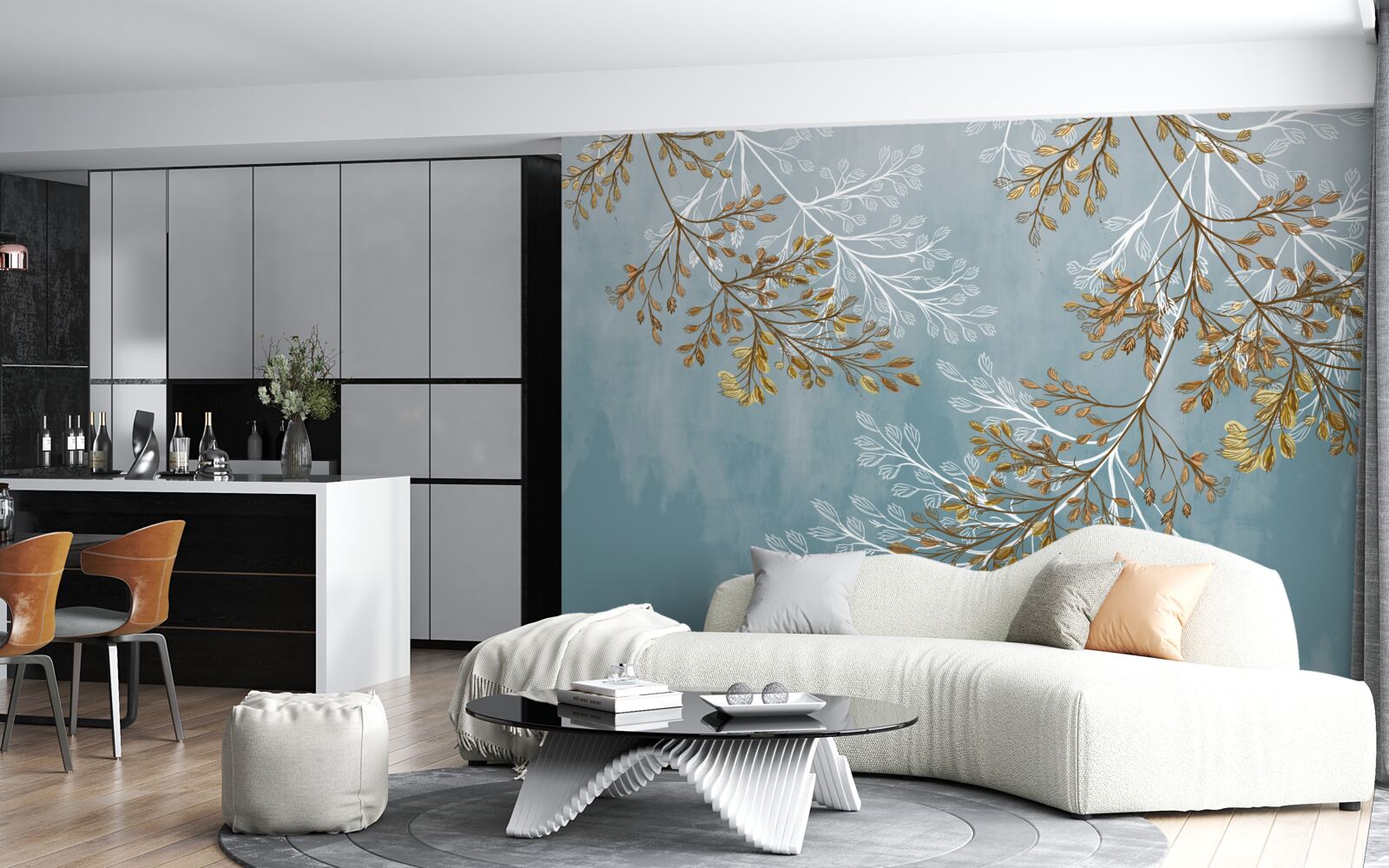 Fototapet iarna, ramurile sunt presărate cu franjuri aurii