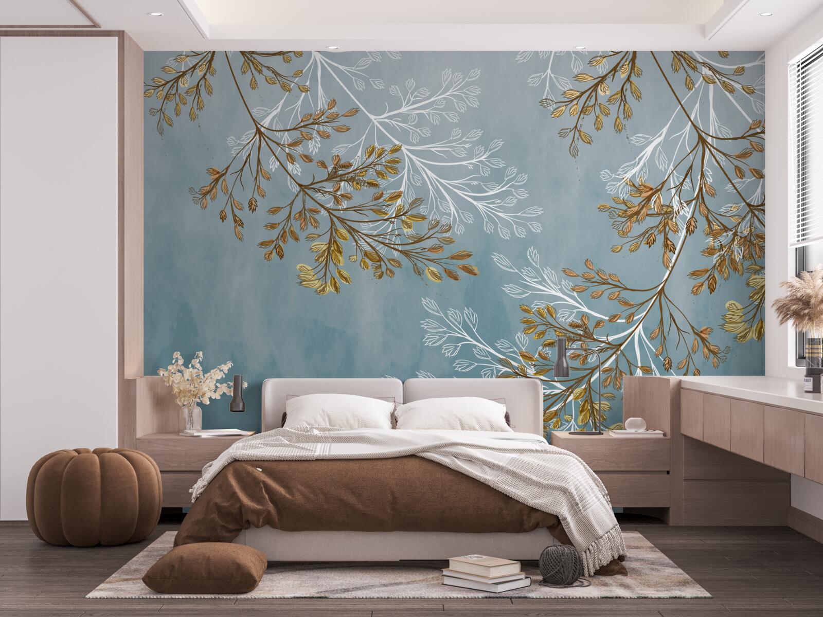 Fototapet iarna, ramurile sunt presărate cu franjuri aurii