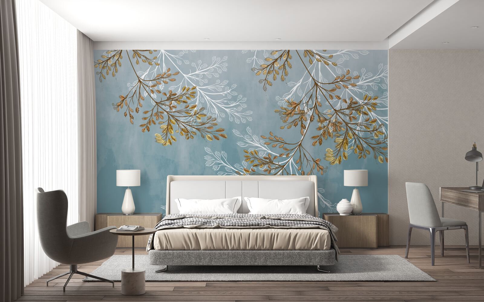 Fototapet iarna, ramurile sunt presărate cu franjuri aurii