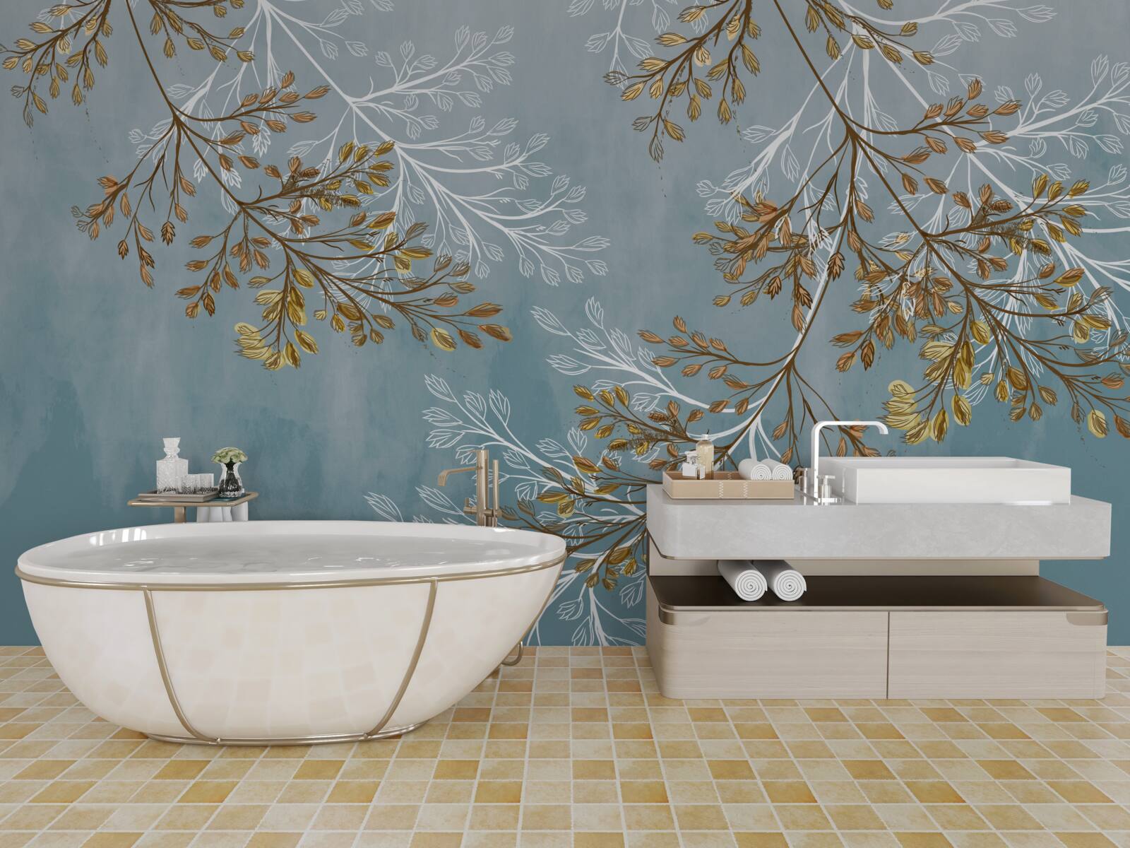 Fototapet iarna, ramurile sunt presărate cu franjuri aurii