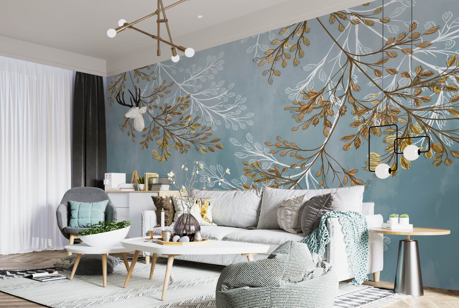 Fototapet iarna, ramurile sunt presărate cu franjuri aurii