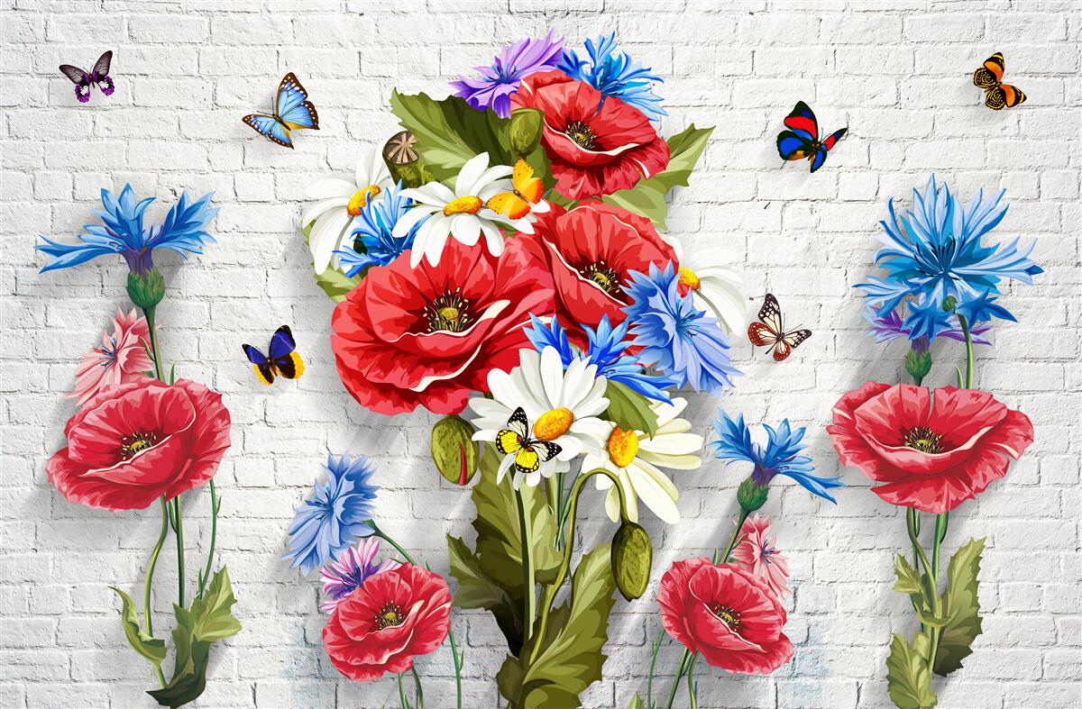 Fototapet fluturi și flori pline de splendoarea primăverii