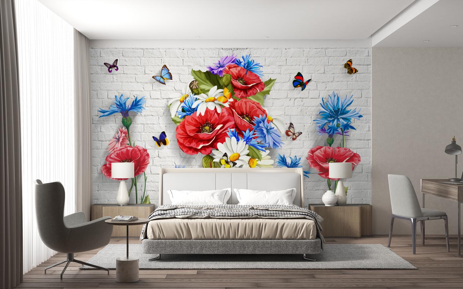 Fototapet fluturi și flori pline de splendoarea primăverii