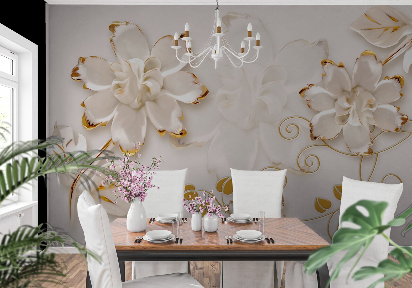 Fototapet Trandafiri albi ca zăpada cu aur