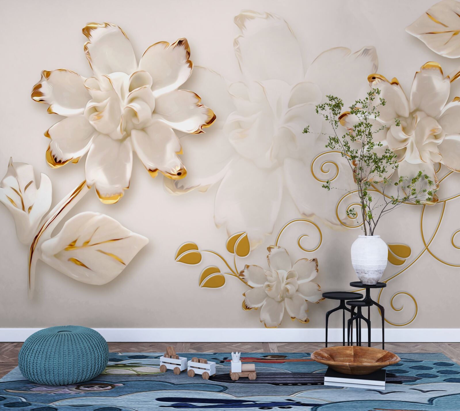 Fototapet Trandafiri albi ca zăpada cu aur