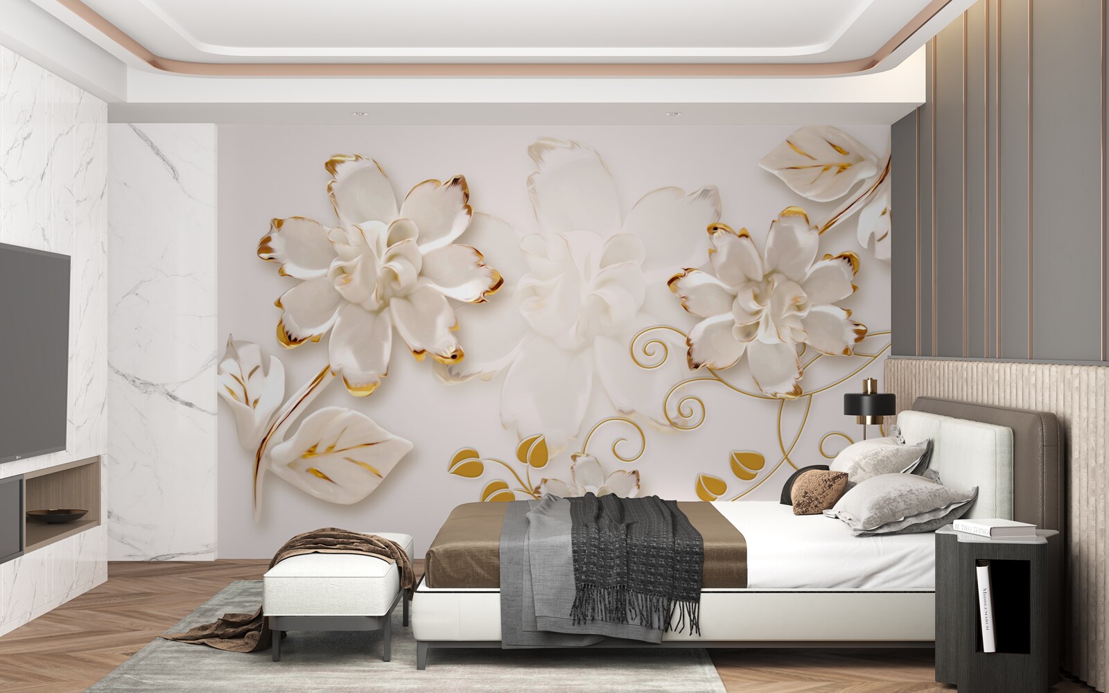 Fototapet Trandafiri albi ca zăpada cu aur