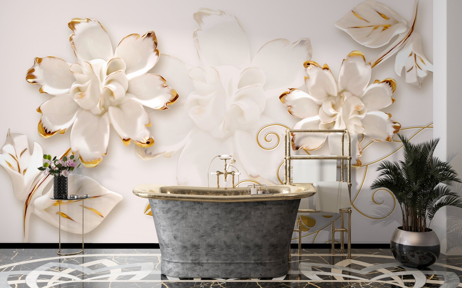 Fototapet Trandafiri albi ca zăpada cu aur