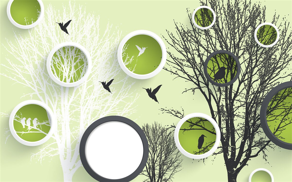 Fototapet copaci cu păsări în alb și negru