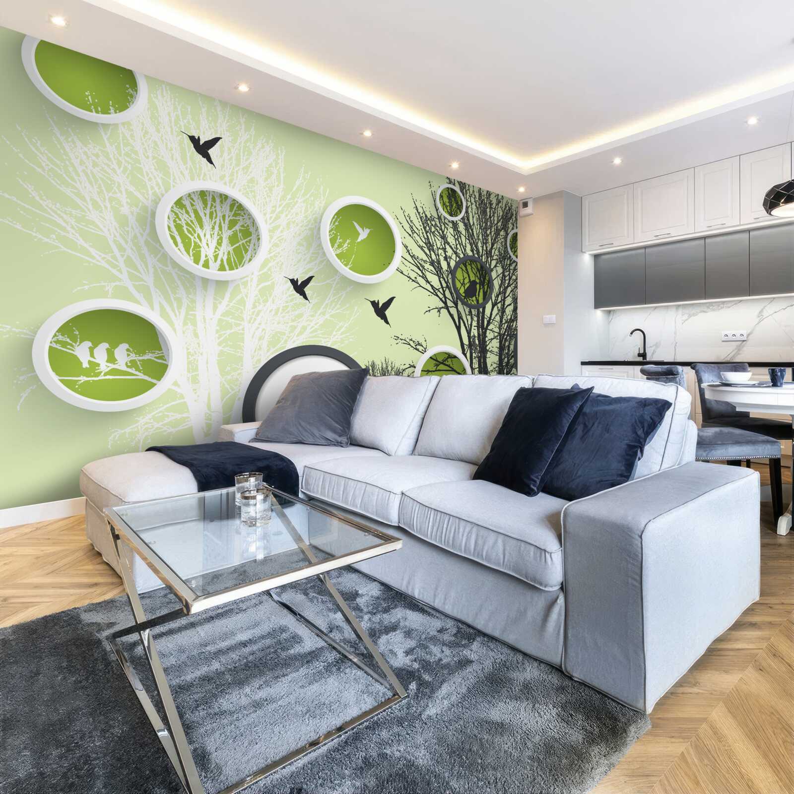 Fototapet copaci cu păsări în alb și negru