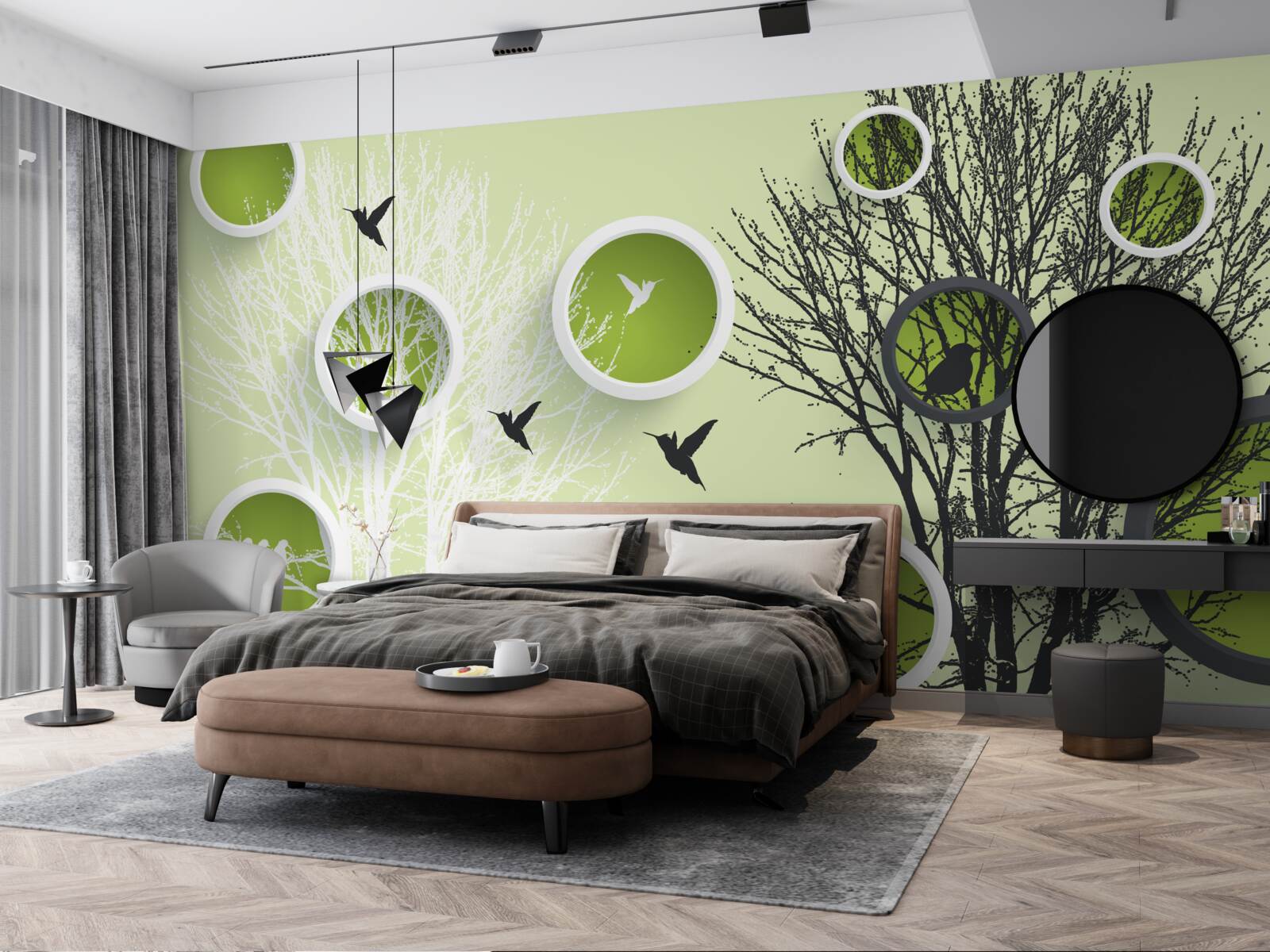 Fototapet copaci cu păsări în alb și negru