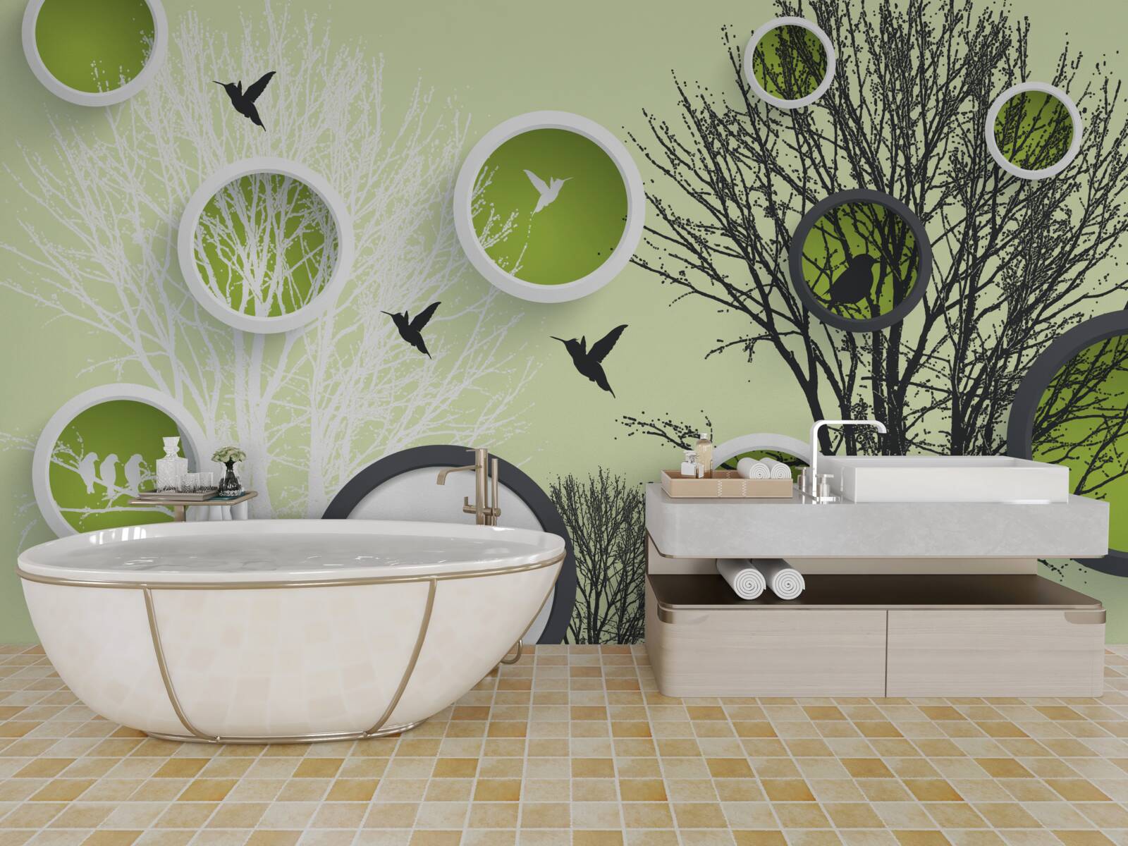 Fototapet copaci cu păsări în alb și negru