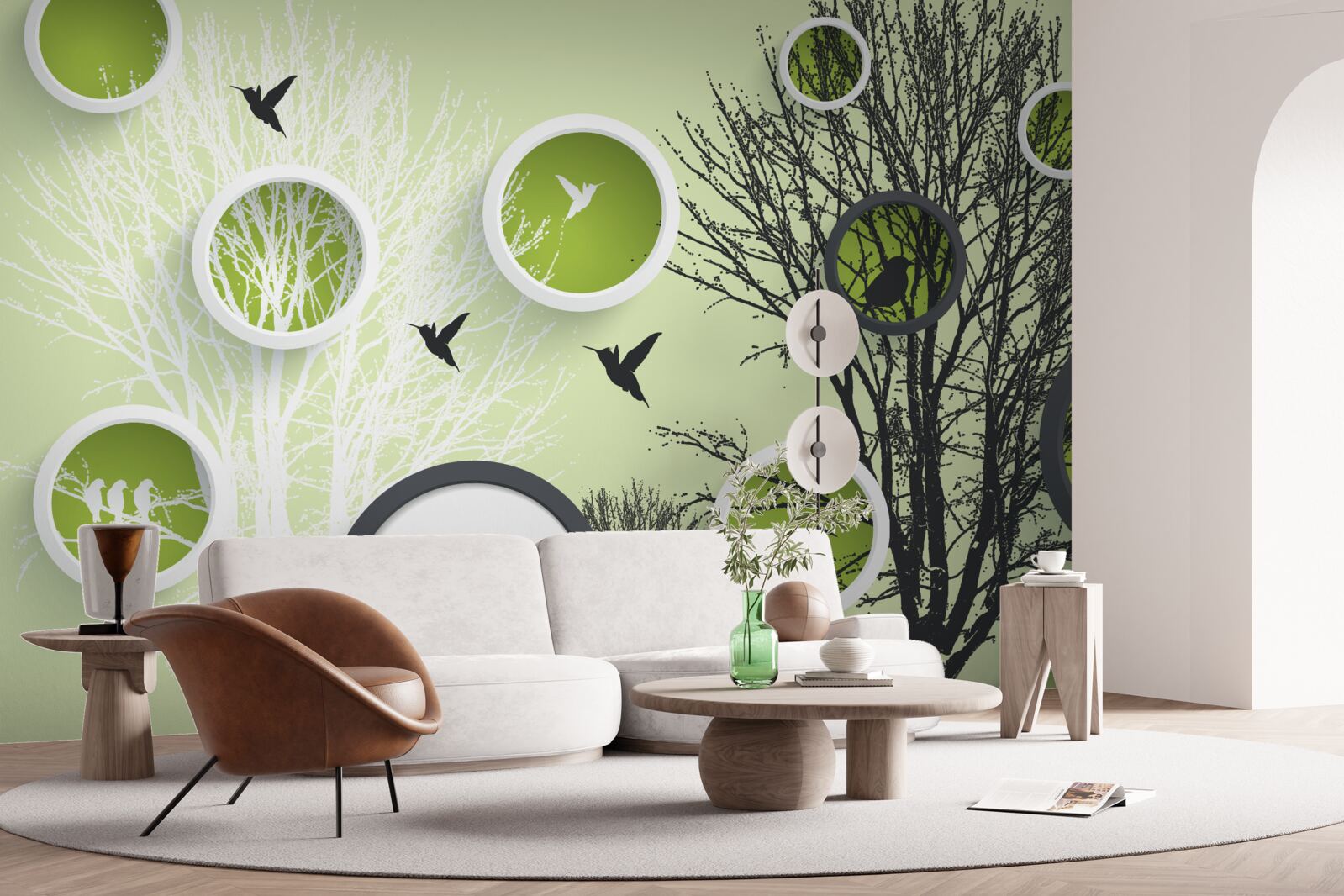 Fototapet copaci cu păsări în alb și negru