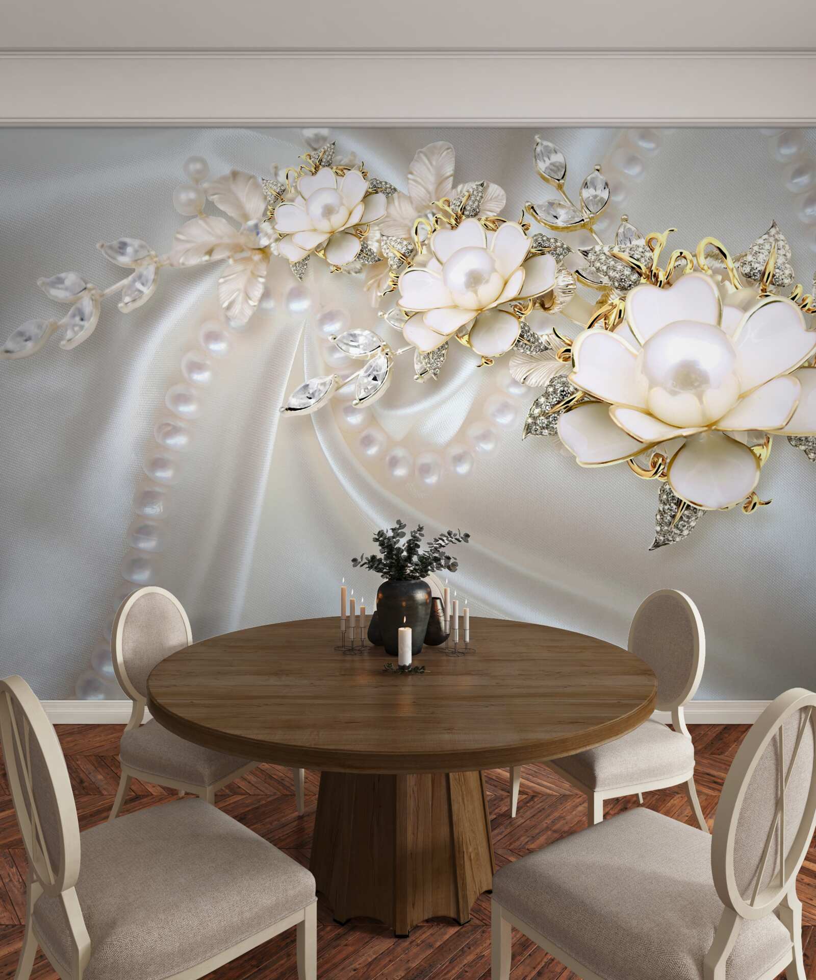 Fototapet perlele pe mătase sunt decorate cu trandafiri