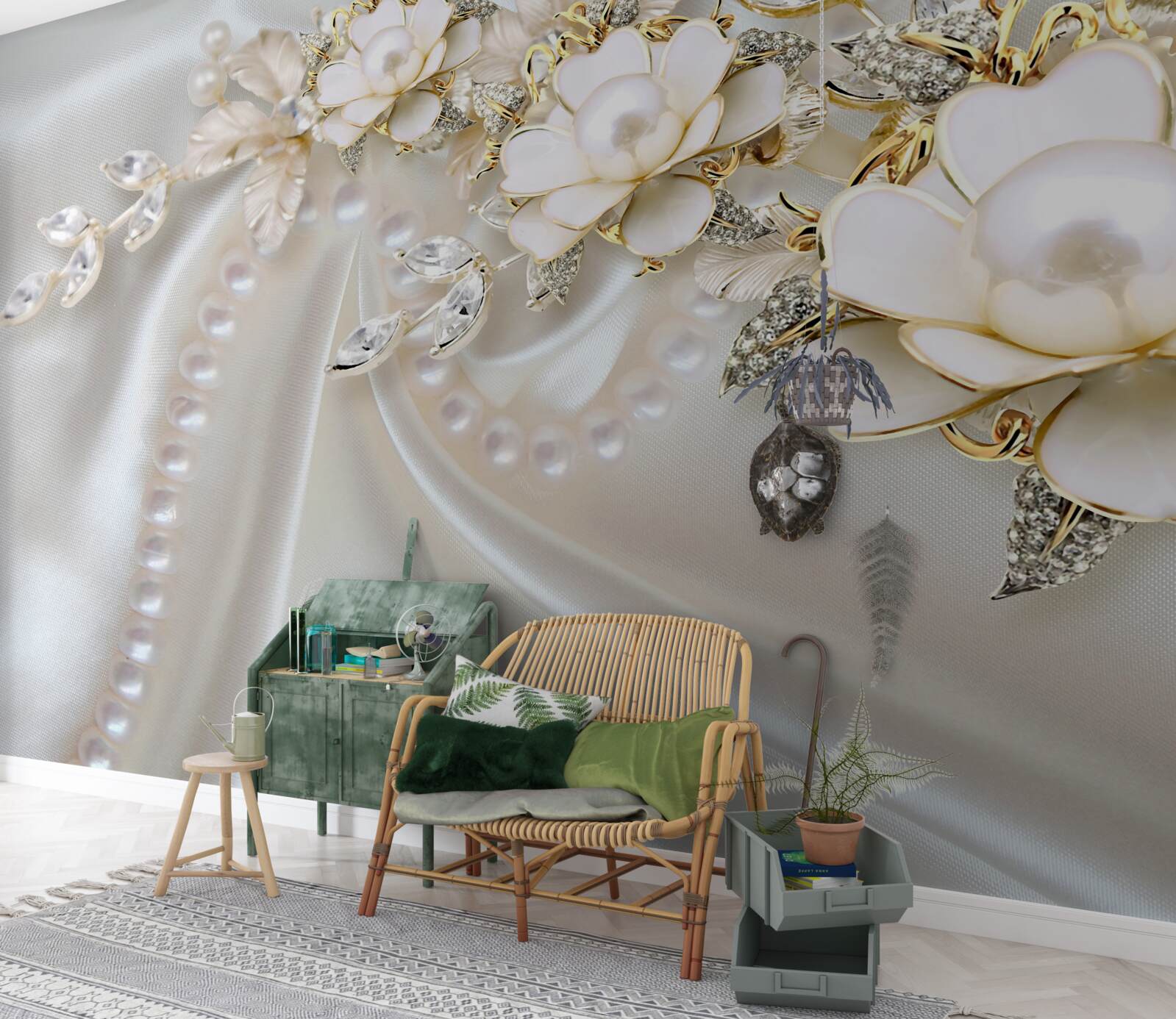 Fototapet perlele pe mătase sunt decorate cu trandafiri