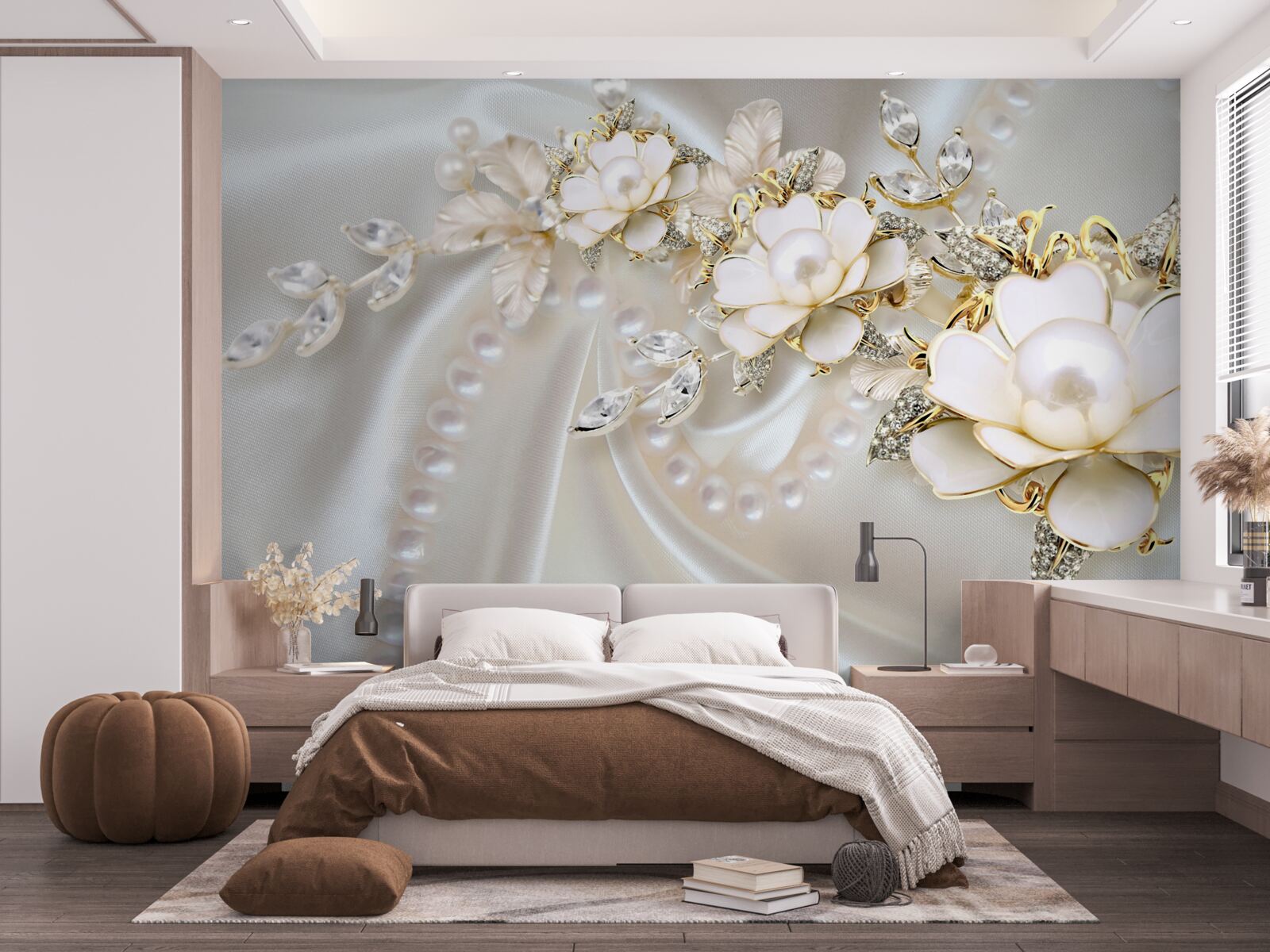 Fototapet perlele pe mătase sunt decorate cu trandafiri