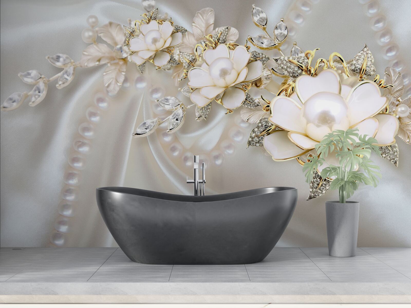 Fototapet perlele pe mătase sunt decorate cu trandafiri