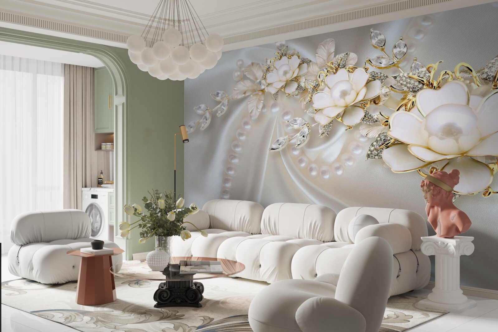 Fototapet perlele pe mătase sunt decorate cu trandafiri